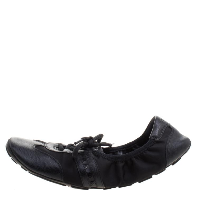 Pre Owned Prada Sport Black Leather And Fabric Scrunch Lace Up Sneakers Size 38.5