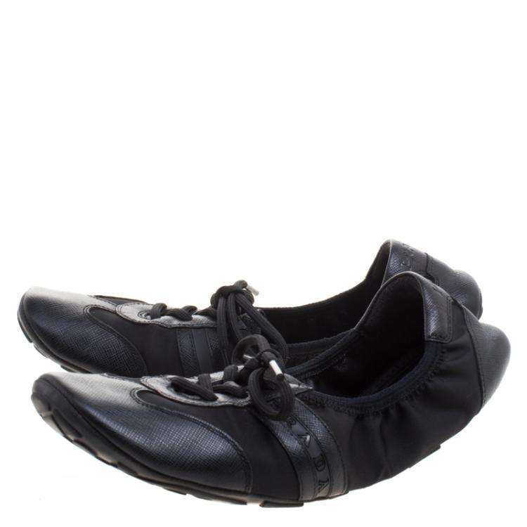 Pre Owned Prada Sport Black Leather And Fabric Scrunch Lace Up Sneakers Size 38.5