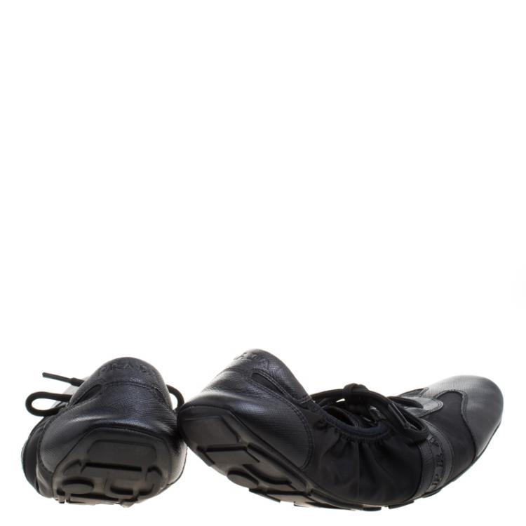 Pre Owned Prada Sport Black Leather And Fabric Scrunch Lace Up Sneakers Size 38.5