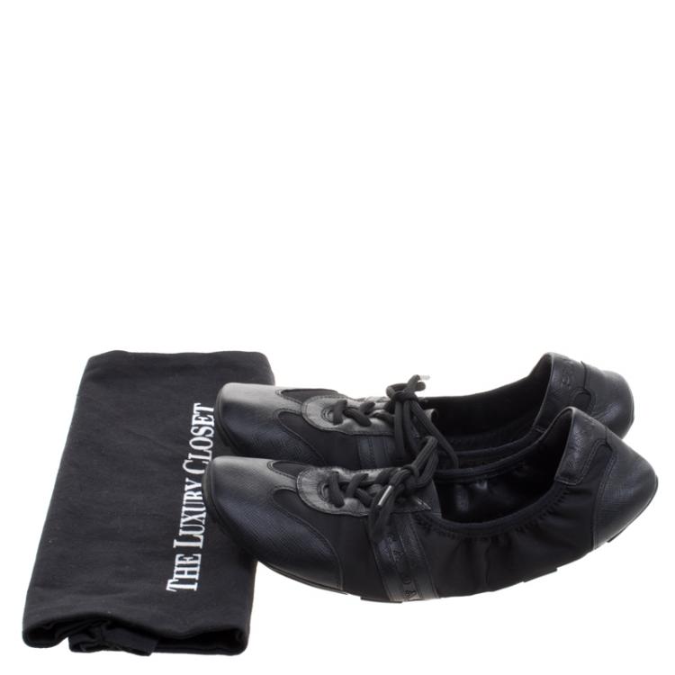 Pre Owned Prada Sport Black Leather And Fabric Scrunch Lace Up Sneakers Size 38.5