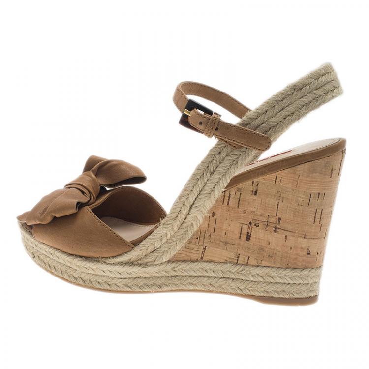 Pre Owned Prada Sport Beige Leather Bow Detail Slingback Wedge Sandals Size 38 