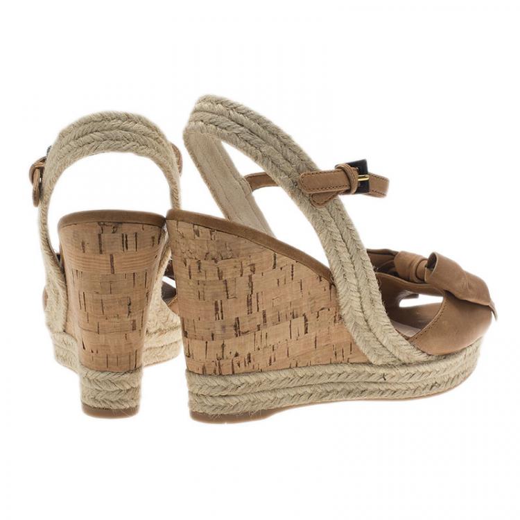 Pre Owned Prada Sport Beige Leather Bow Detail Slingback Wedge Sandals Size 38 