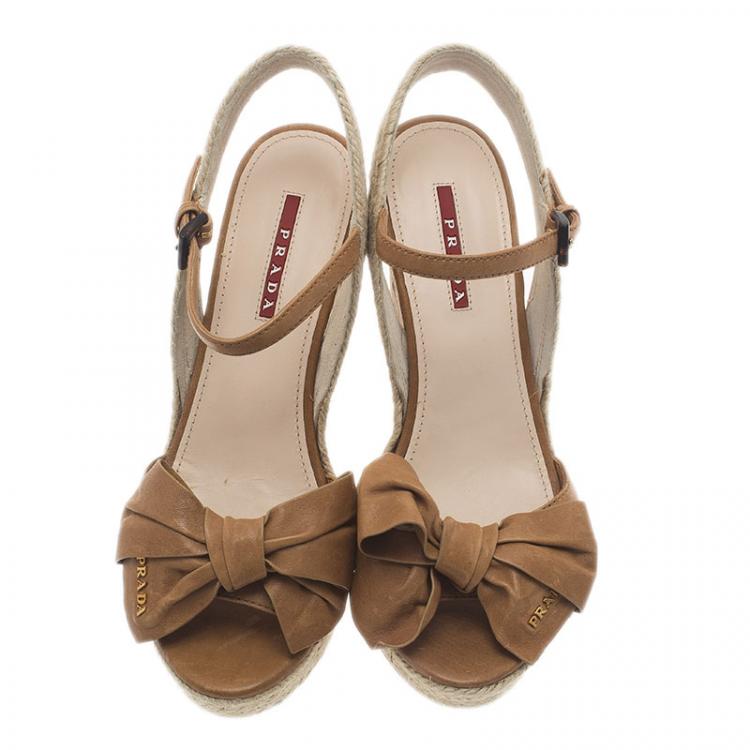 Pre Owned Prada Sport Beige Leather Bow Detail Slingback Wedge Sandals Size 38 
