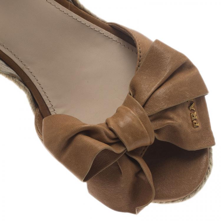 Pre Owned Prada Sport Beige Leather Bow Detail Slingback Wedge Sandals Size 38 