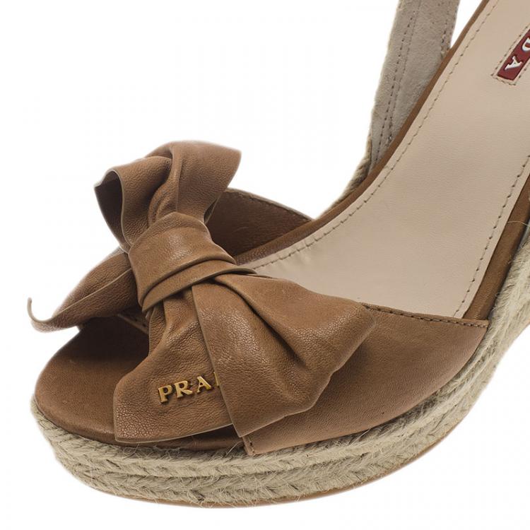 Pre Owned Prada Sport Beige Leather Bow Detail Slingback Wedge Sandals Size 38 