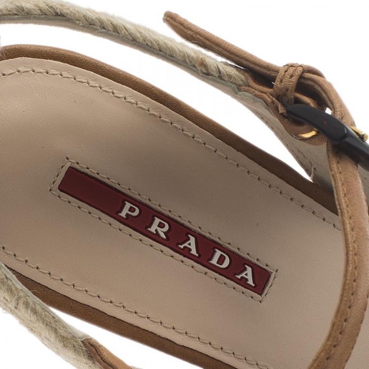 Pre Owned Prada Sport Beige Leather Bow Detail Slingback Wedge Sandals Size 38 