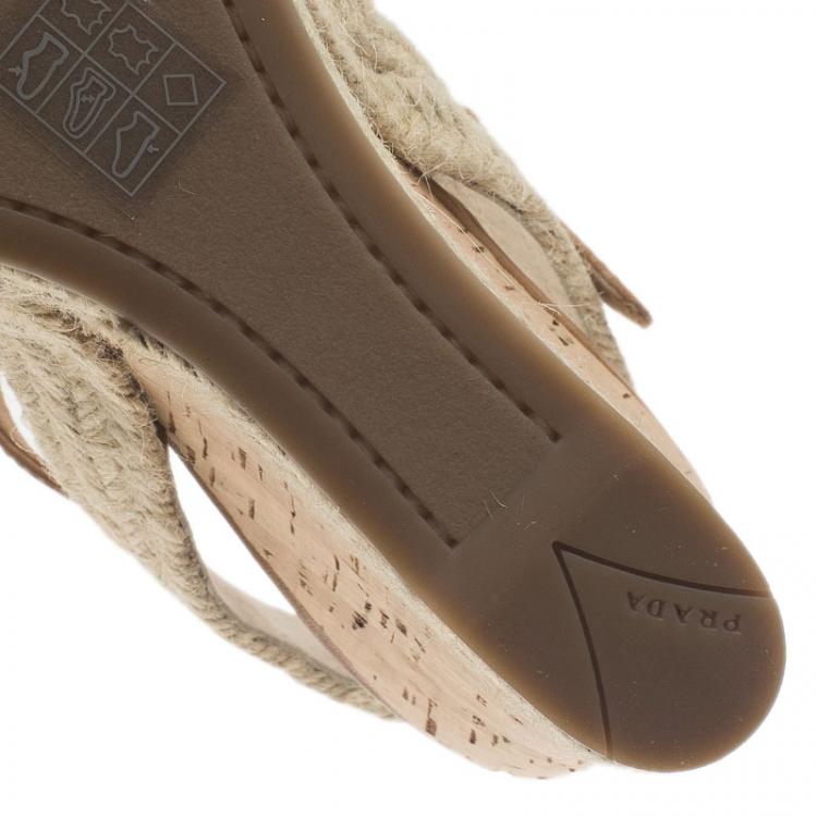 Pre Owned Prada Sport Beige Leather Bow Detail Slingback Wedge Sandals Size 38 