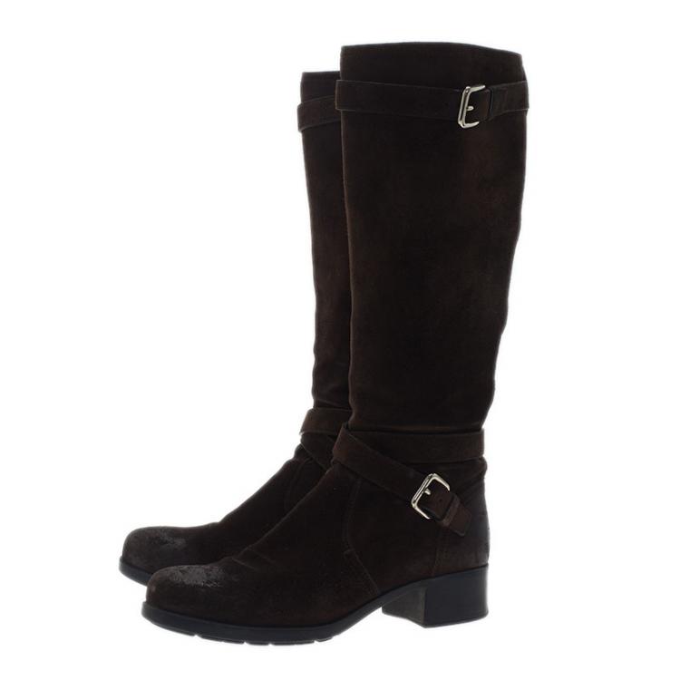 Pre Owned Prada Sport Brown Suede and Leather Double Buckle Knee Boots Size 37