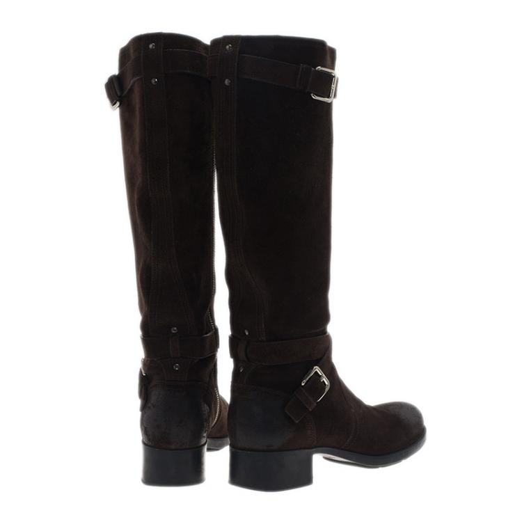 Pre Owned Prada Sport Brown Suede and Leather Double Buckle Knee Boots Size 37