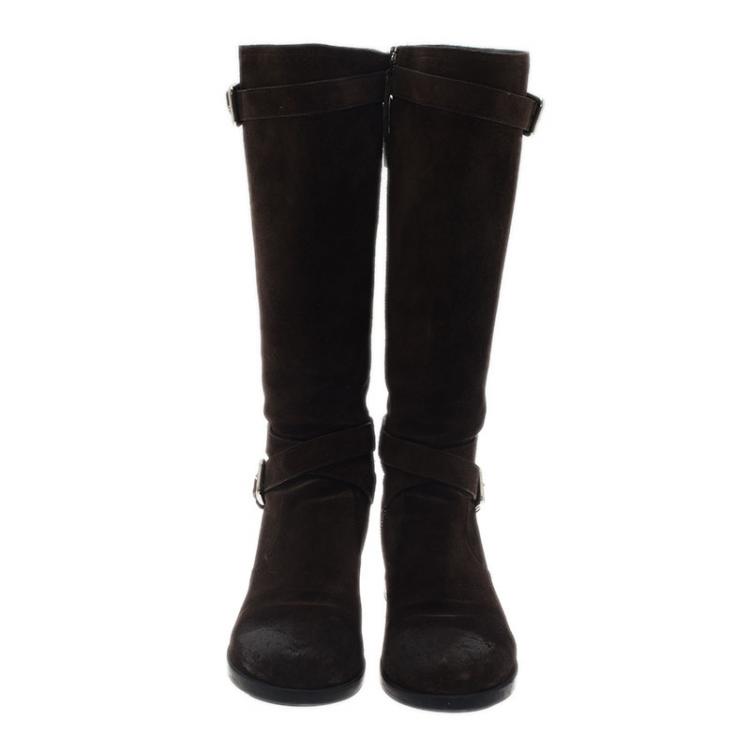 Pre Owned Prada Sport Brown Suede and Leather Double Buckle Knee Boots Size 37