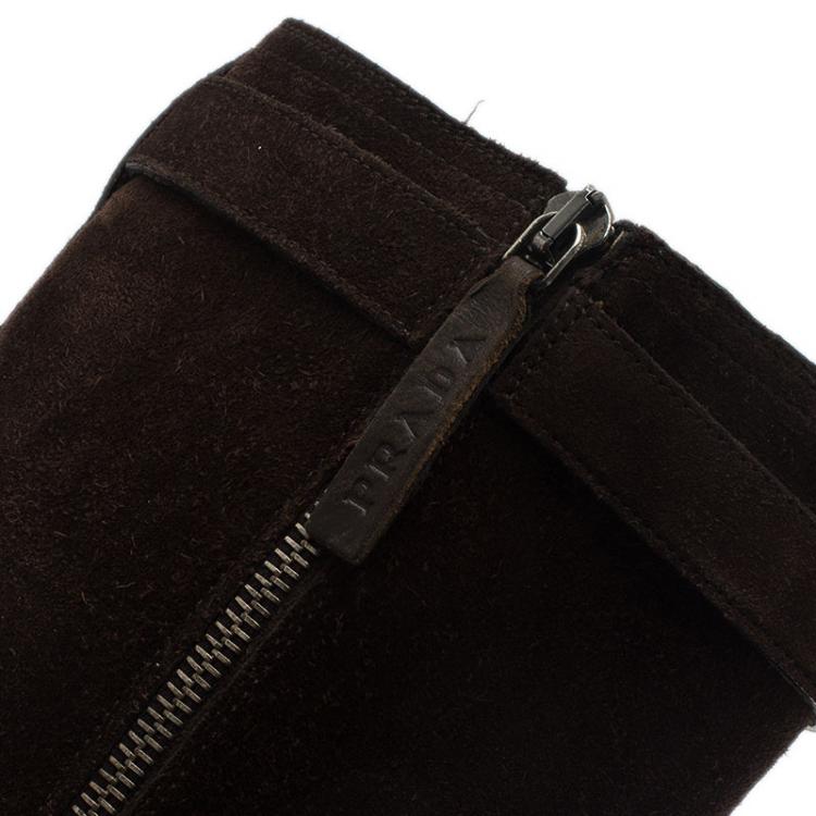 Pre Owned Prada Sport Brown Suede and Leather Double Buckle Knee Boots Size 37