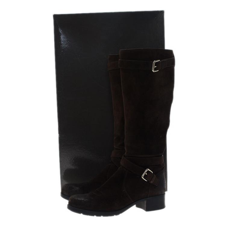 Pre Owned Prada Sport Brown Suede and Leather Double Buckle Knee Boots Size 37