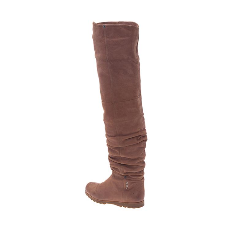 Pre Owned Prada Sport Brown Leather Slouched Over The Knee Boots Size 37