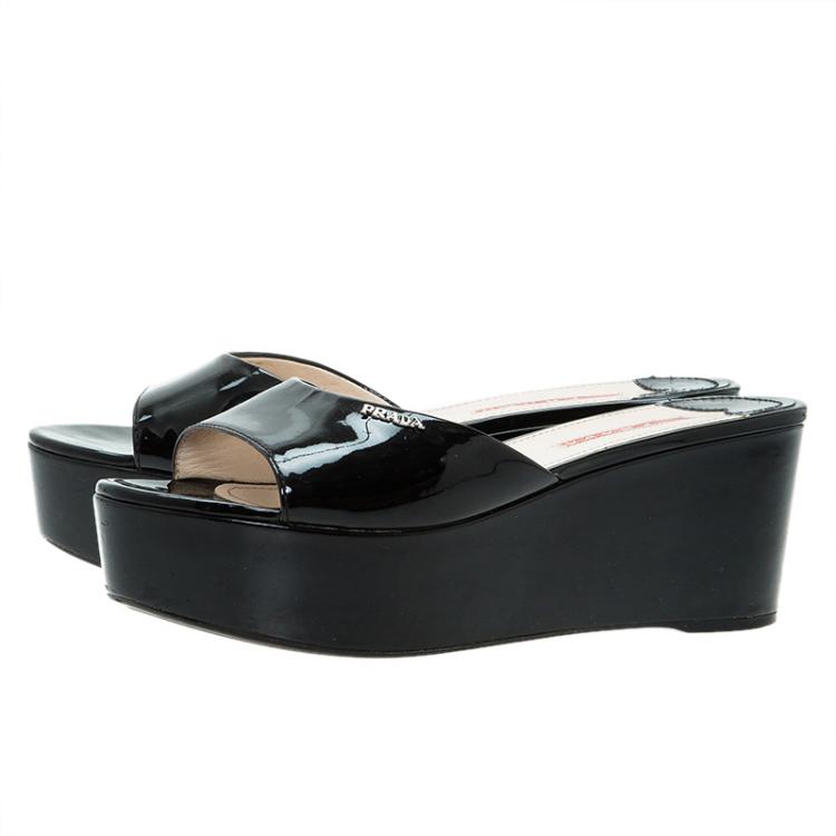 Pre Owned Prada Sport Black Patent Platform Slides Size 38.5