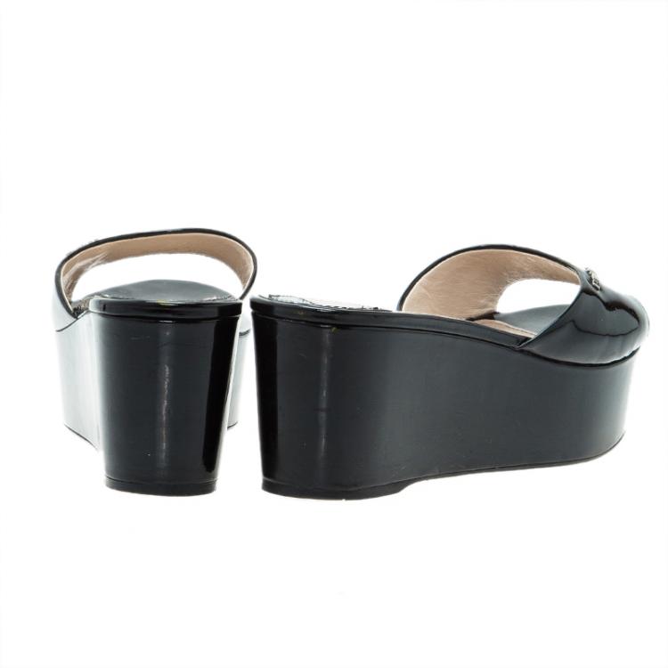 Pre Owned Prada Sport Black Patent Platform Slides Size 38.5