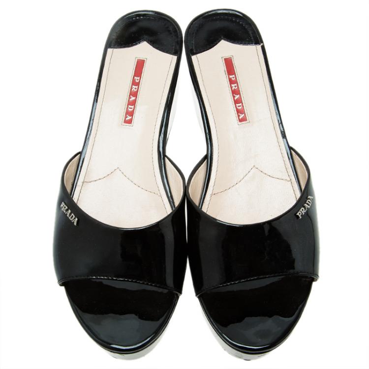 Pre Owned Prada Sport Black Patent Platform Slides Size 38.5