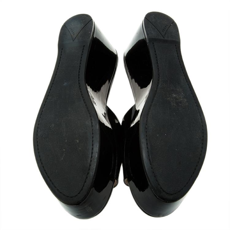 Pre Owned Prada Sport Black Patent Platform Slides Size 38.5