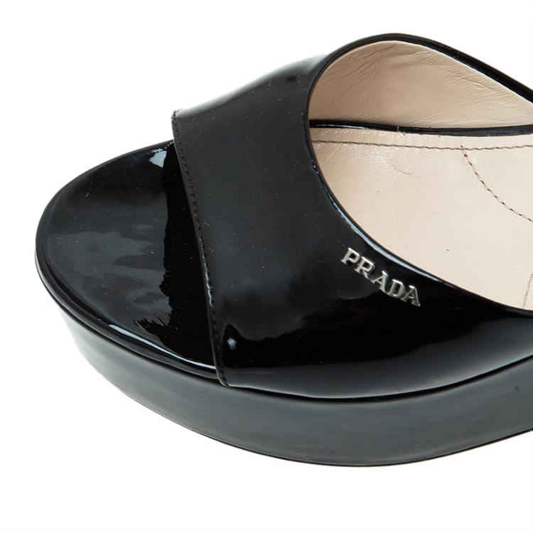 Pre Owned Prada Sport Black Patent Platform Slides Size 38.5