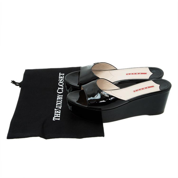 Pre Owned Prada Sport Black Patent Platform Slides Size 38.5