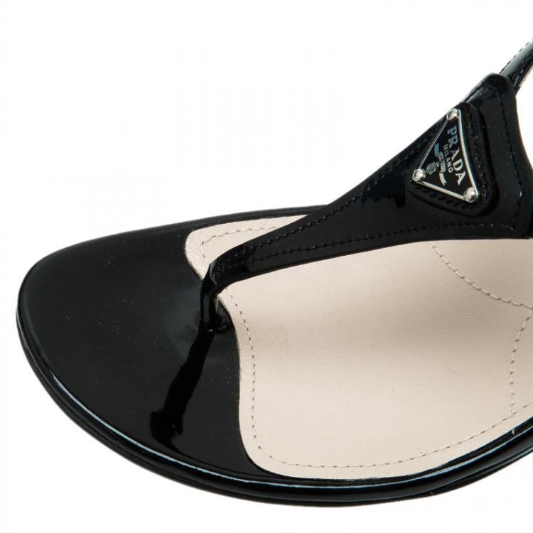 مملوكة مسبقًا Prada Black Leather Logo Wedge Sandals Size 38.5