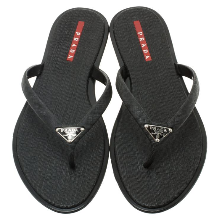 Pre Owned Prada Sport Black Crosshatched Thong Sandals Size 36