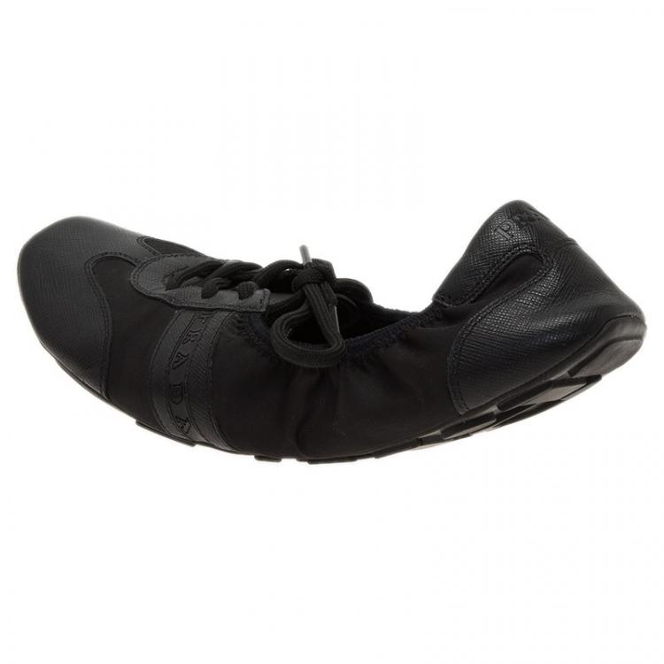 Pre Owned Prada Sport Black Leather Scrunch Lace Up Sneakers Size 38.5