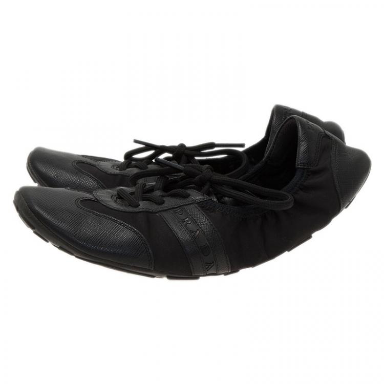 Pre Owned Prada Sport Black Leather Scrunch Lace Up Sneakers Size 38.5