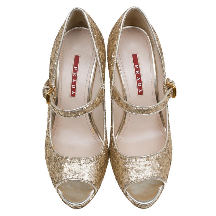Pre Owned Prada Sport Gold Glitter Mary Jane Wedge Pumps Size 36