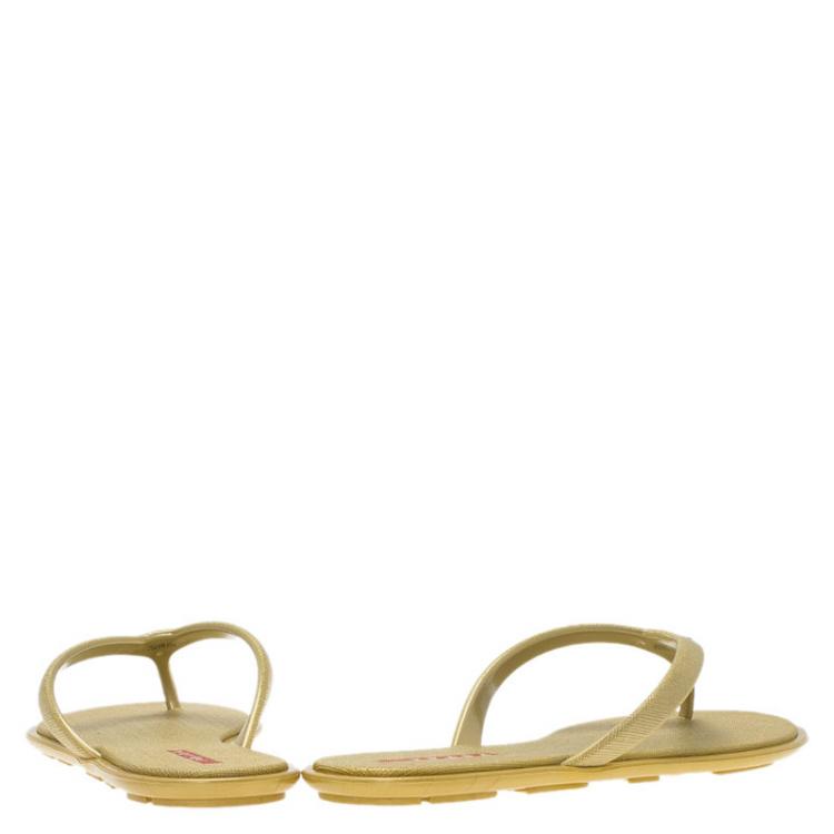 Pre Owned Prada Sport Gold Crosshatched Thong Sandals Size 38