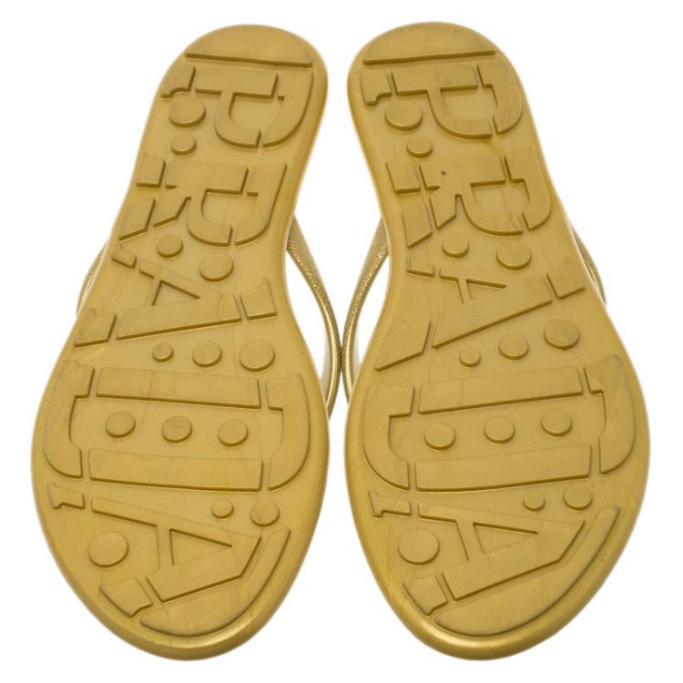Pre Owned Prada Sport Gold Crosshatched Thong Sandals Size 38