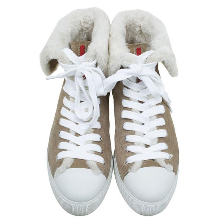 Pre Owned Prada Sport Beige Suede and Faux Fur High Top Sneakers Size 39