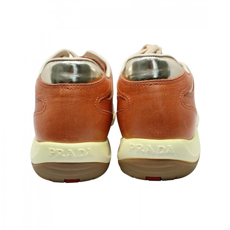 Pre Owned Prada Sport Tan Leather Sneakers Size 36