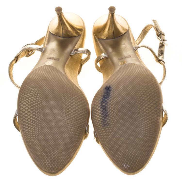 Pre Owned Prada Sport Gold Metallic Leather T Strap Sandals Size 37.5
