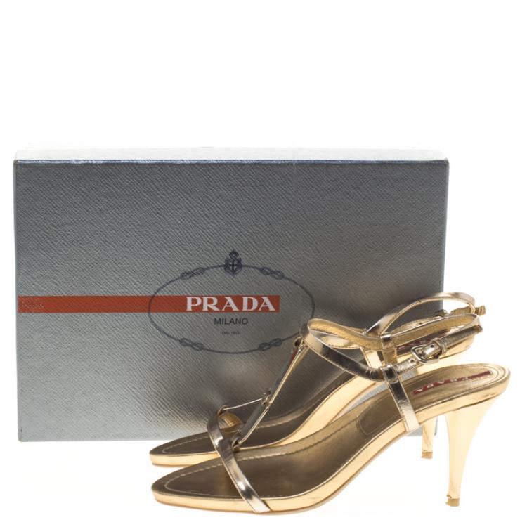 Pre Owned Prada Sport Gold Metallic Leather T Strap Sandals Size 37.5