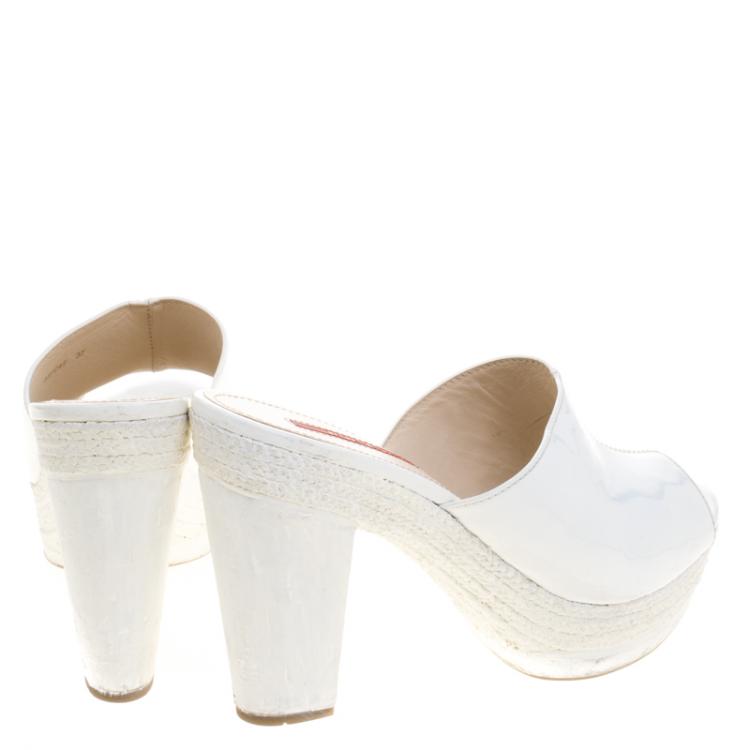 Pre Owned Prada Sport White Patent Leather Espadrille Platform Clogs Size 37