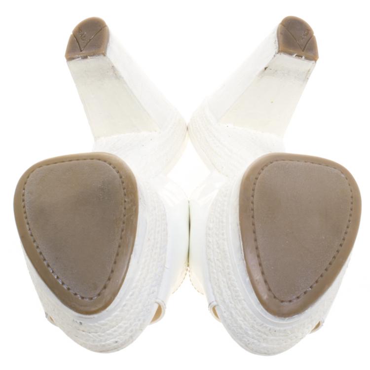 Pre Owned Prada Sport White Patent Leather Espadrille Platform Clogs Size 37