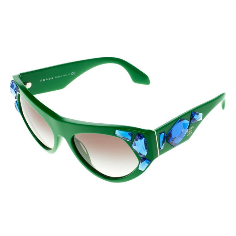 Pre Owned Prada Green SPR 21Q Crystal Embellished Cat Eye Sunglasses