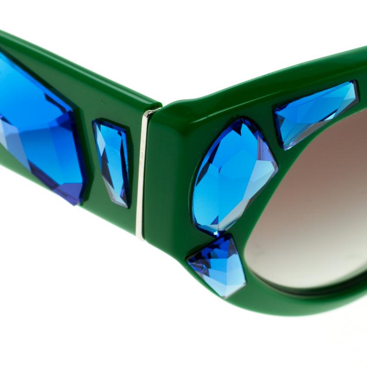 Pre Owned Prada Green SPR 21Q Crystal Embellished Cat Eye Sunglasses