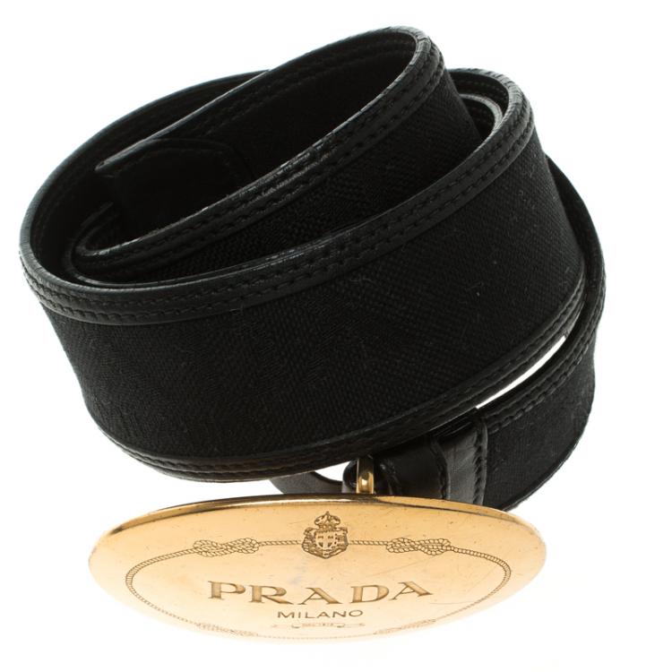 Pre Owned Prada Black Leather and Canvas Cinture Buckle Belt 85 CM
