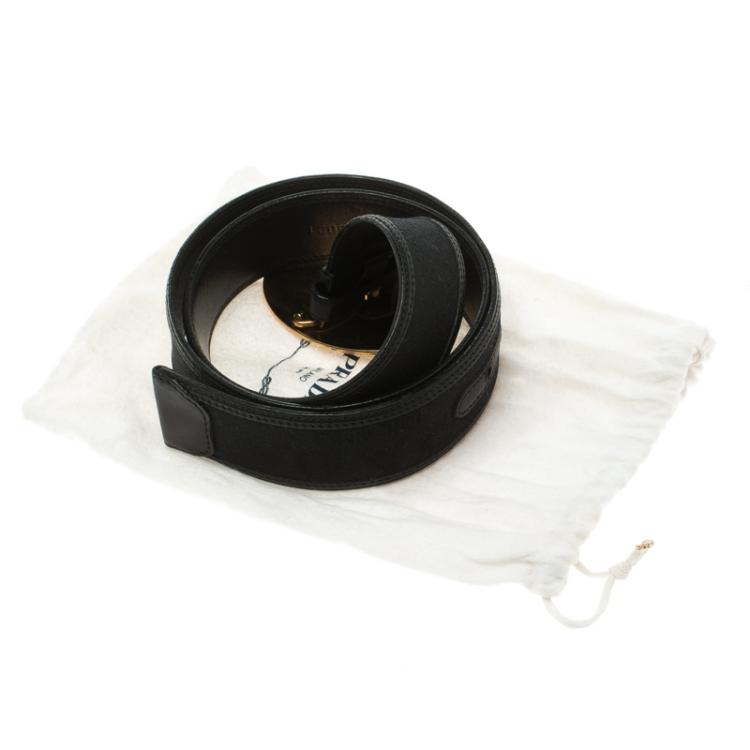 Pre Owned Prada Black Leather and Canvas Cinture Buckle Belt 85 CM