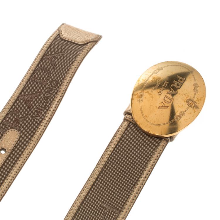 Pre Owned Prada Gold Canvas and Leather Cinture Buckle Belt 95 CM