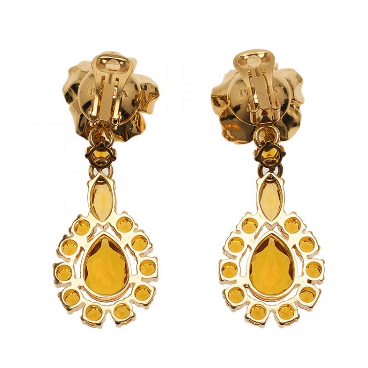 Pre Owned Prada Rose Gold Tone Crystal Resin Clip Earrings