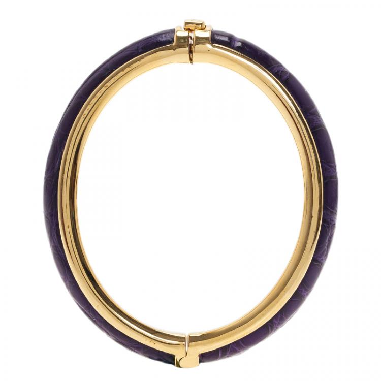 Pre Owned Prada Purple Leather Gold Tone Bangle Bracelet