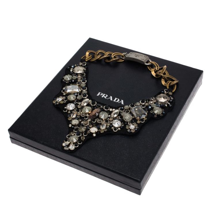 Pre Owned Prada Black and Charcoal Crystal and Beads Bib Necklace