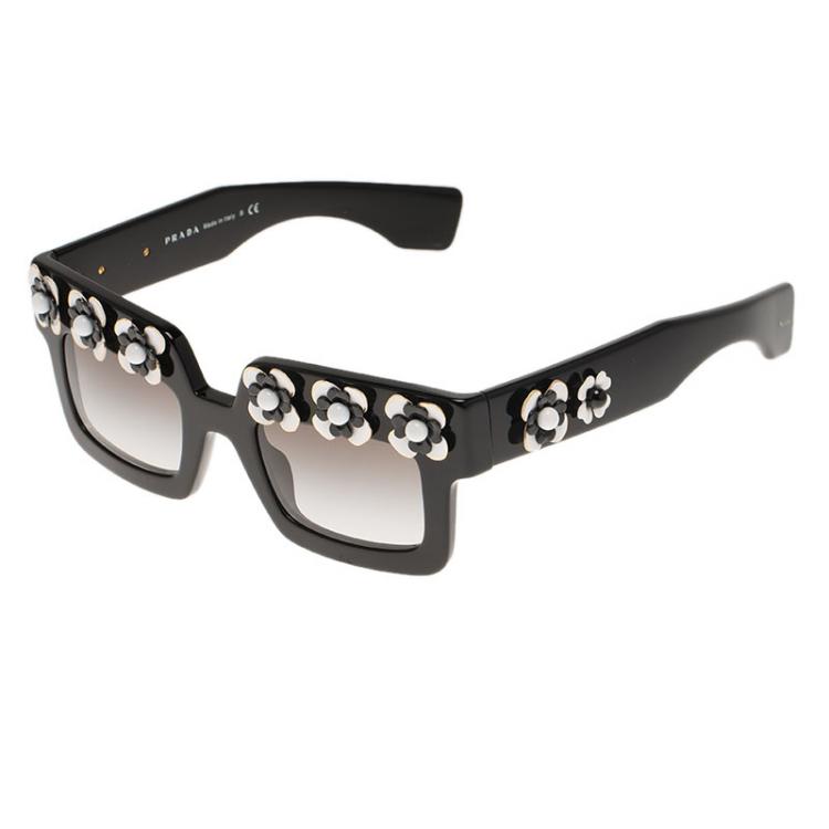 Pre Owned Prada Black Floral Embellished SPR25P Square Sunglasses