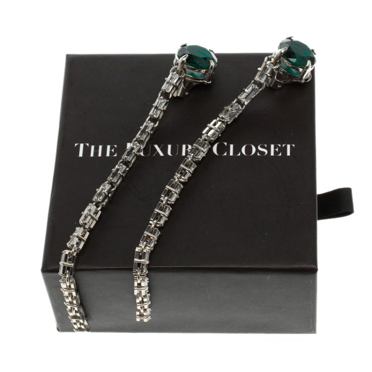 Pre Owned Prada Green Stone & Clear Crystal Long Earrings