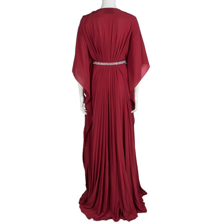 Pre Owned Prada Red Silk Embellished Belt Detail Kaftan Style Gown M