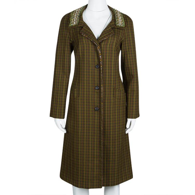 Pre Owned Prada Green Checked Wool Stone Embellished Overcoat S