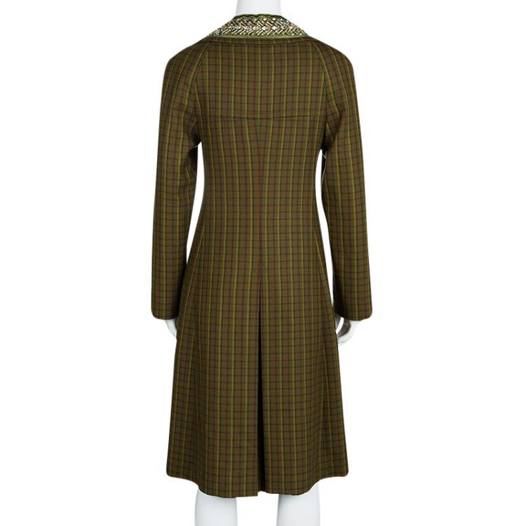 Pre Owned Prada Green Checked Wool Stone Embellished Overcoat S