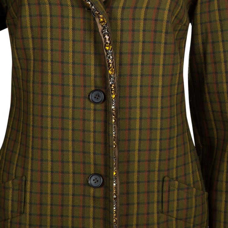 Pre Owned Prada Green Checked Wool Stone Embellished Overcoat S
